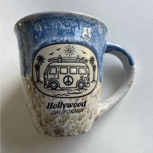Hollywood Cali Mug Blue Brand New VW Van Surf Board Palm Tree Beach Ocean